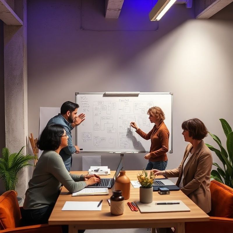 Piccolo team professionale italiano di quattro persone attorno a una lavagna in uno studio moderno a Modena