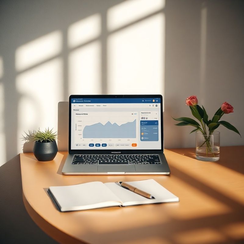 Scrivania minimalista con laptop che mostra una dashboard di prezzi in indaco