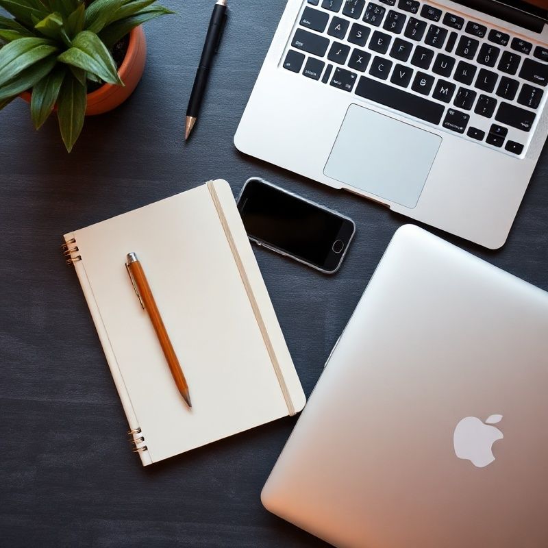 Composizione flat-lay con notebook italiano, telefono e laptop su scrivania con accenti indaco