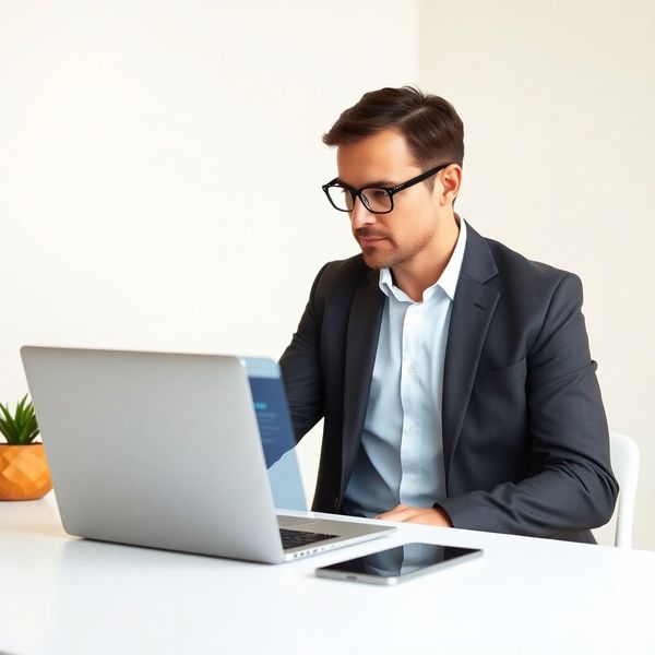 Consulente italiano al laptop in uno studio minimale mentre revisiona un workflow di automazione